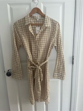 J. Crew Beige and Cream Gingham Tie-Waist Shirt Dress